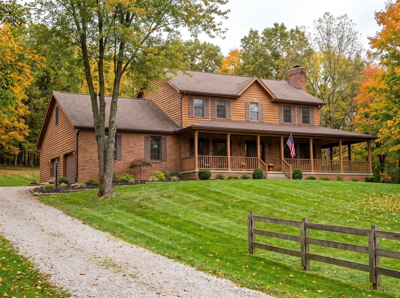 Two-story Ohio home with a wraparound porch, brick and wood siding, surrounded by fall trees